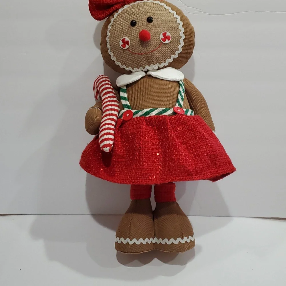 Gingerbread woman in red sequin boucle bow and‎ jumper Christmas holiday plushie